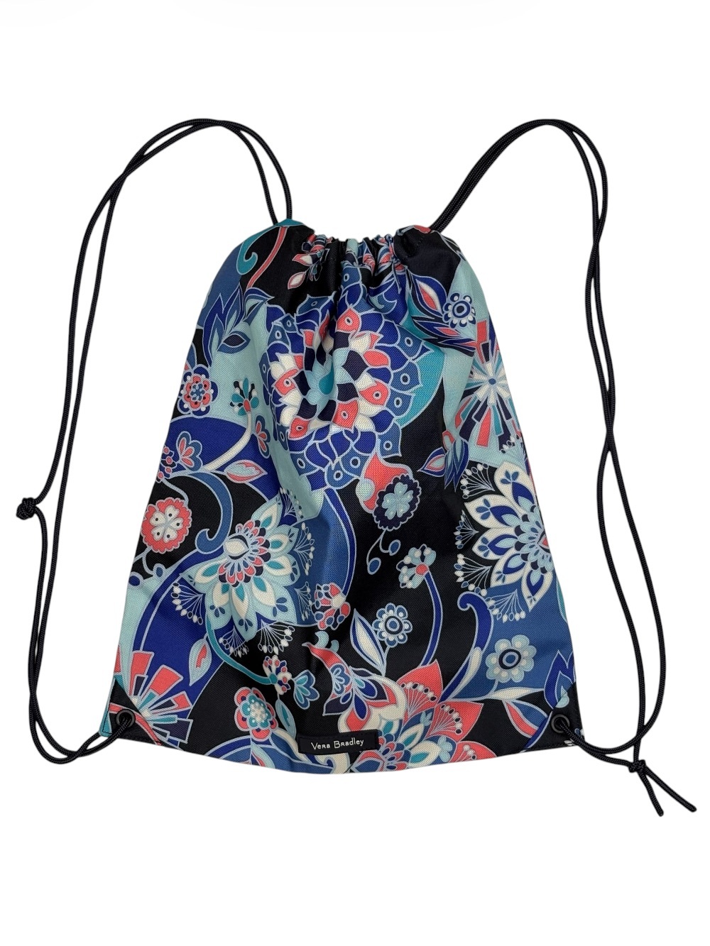 Vera Bradley Drawstring Backpack Sackpack Navy Coral Floral Nylon Cinch Bag